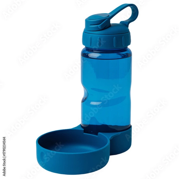 Fototapeta Blue Plastic Pet Water Bottle with Attached Drinking Bowl on White Background dog water bottle isolated on a transparent background