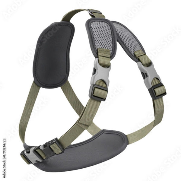 Fototapeta Olive Green and Gray Dog Harness with Padded Straps and Buckle Closures on White Background pet harness isolated on a transparent background