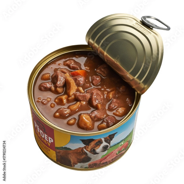 Fototapeta Open Can of Dog Food with Meat Chunks and Vegetables on White Background canned dog food wet dog food isolated on a transparent background