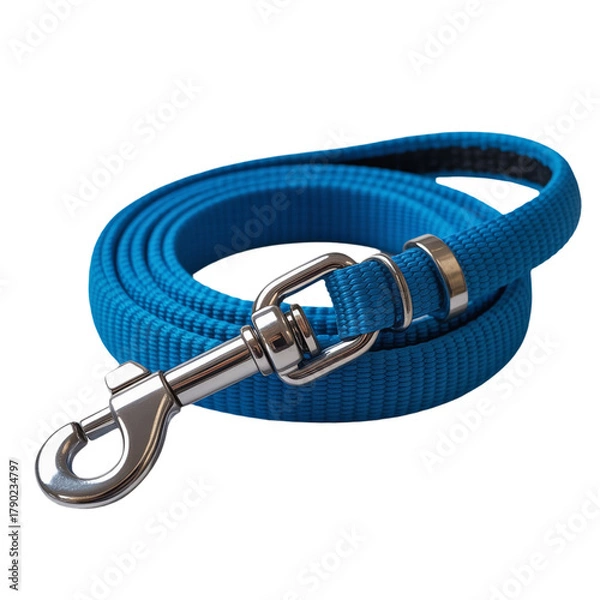 Fototapeta Rolled Blue Nylon Dog Leash with Silver Metal Clasp on White Background pet leash canine leash isolated on a transparent background