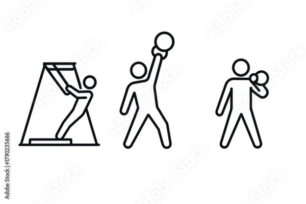 Fototapeta Minimalist line icons of playground activities: swinging, throwing, and holding a ball
