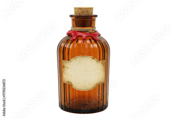 Fototapeta Isolated brown medicine bottle with cork stopper and wax seal, apothecary elixir jar, antique