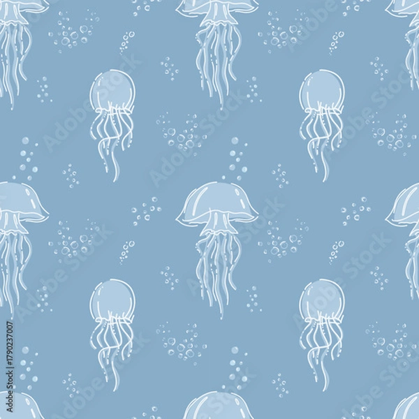 Fototapeta Seamless pattern with jellyfish and air bubbles in water. Marine Theme Textile Design Vector Illustration.