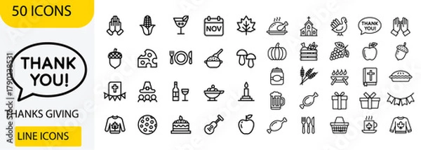 Obraz Thanksgiving Holiday Line Icons Set | Autumn, Celebration, and Turkey Vector Collection