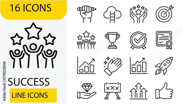 Obraz Success and Achievement Line Icons Set | Business Growth and Goal Accomplishment Vector Collection