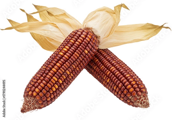 Fototapeta Isolated colorful Indian corn on husk in studio. Corn cobs arrangement, autumn still