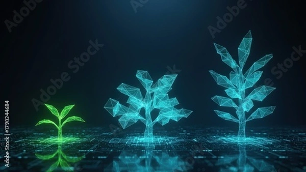 Fototapeta A glowing digital plants showinga growth stages with neon lines, symbolizing iot startups and internet of things technology