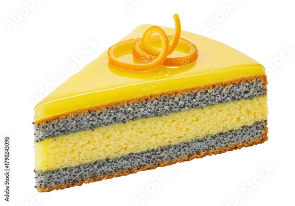 Fototapeta Isolated delicious slice of poppy seed cake with yellow jelly glaze and orange topping