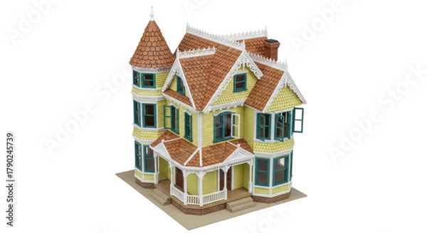 Fototapeta Isolated Victorian Dollhouse, Miniature Scale Model, Charming Architecture, Antique Replica