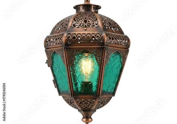 Fototapeta Isolated vintage pendant lamp with green glass and bronze metalwork, indoor lighting