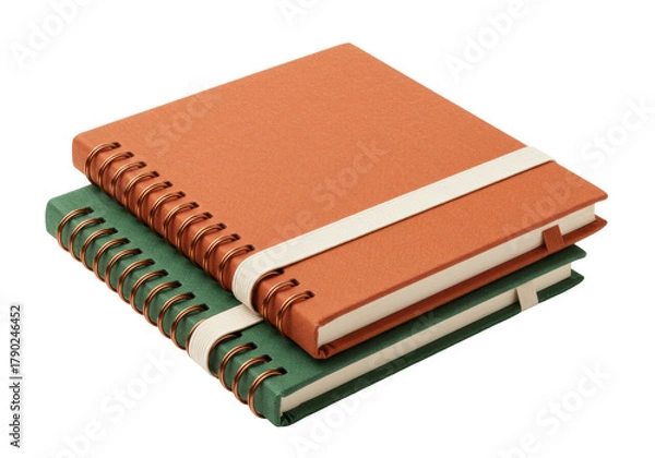 Obraz Isolated spiral bound notebooks in green and orange with elastic closure, study tools