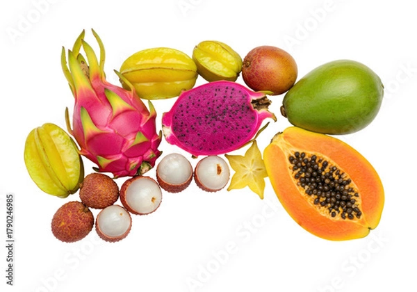 Obraz Isolated colorful tropical fruits mix including dragon fruit, papaya, mango, starfruit and lychee