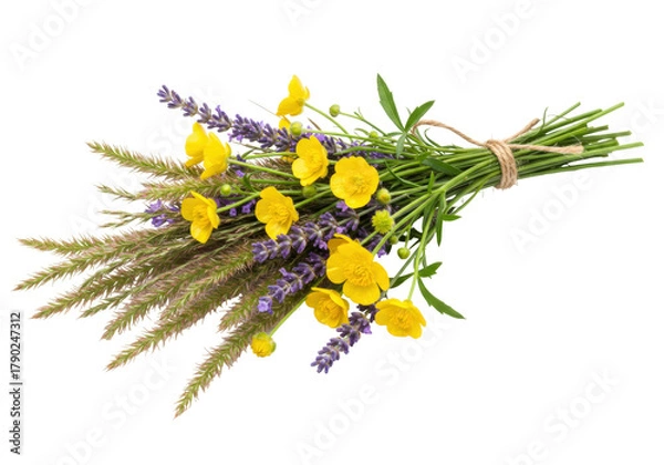Obraz Isolated pretty bunch of buttercup flowers with lavender and decorative grass tied with twine