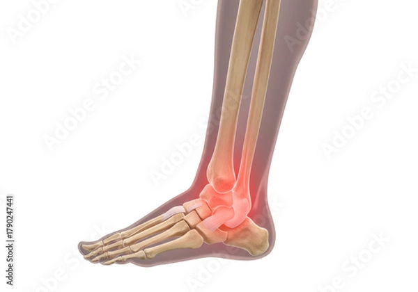 Fototapeta Isolated ankle anatomy of human foot showing bones and related ligaments and highlighting pain