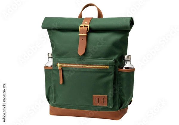 Obraz Isolated green roll-top backpack with brown leather accents, a stylish and functional bag design
