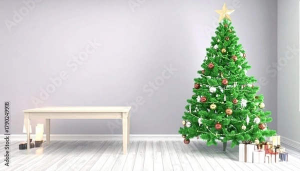 Fototapeta Christmas tree with decorations. Table and wall free space in background 