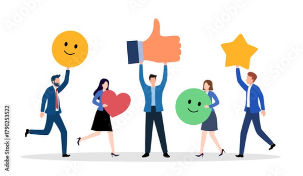 Fototapeta Customer feedback, user experience or client satisfaction, opinion for product and services, review rating or evaluation concept, young adult people giving emoticon feedback such as stars, thumbs up.
