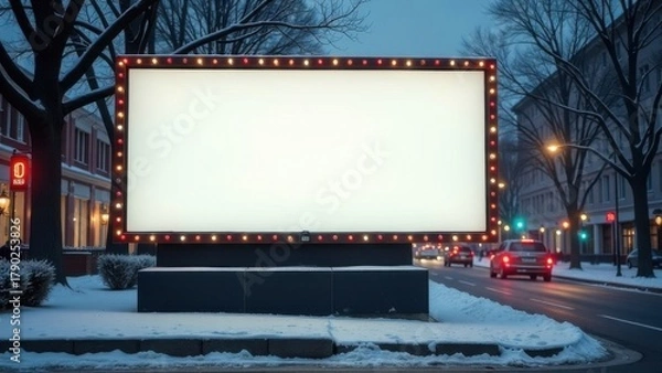 Obraz Smart mockup of blank sign billboard on festive street, Christmas atmosphere winter in the city, blurred night background, copy space for outdoor banner, advertisement, presentation, wallpaper