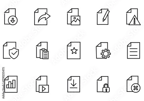 Fototapeta Collation of document related line icons. Containing agreement, passport, license, patent, testament, ID card, certificate ands more. Paper document icons set. Vector illustration. 