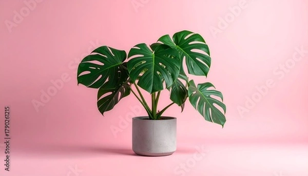 Obraz A vibrant Monstera plant in a modern pot against a soft pink backdrop, ideal for home decor inspiration