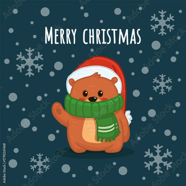 Fototapeta Cute cartoon bear in hat and scarf. Teddy bear in flat style for greeting card, christmas card. Vector illustration
