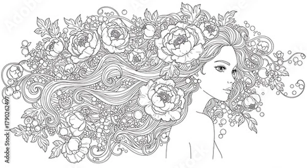 Fototapeta Beautiful Woman with Flowing Hair and Intricate Floral Design.