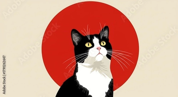 Fototapeta Black and white cat with yellow eyes looking up, against a red circle on a cream background.