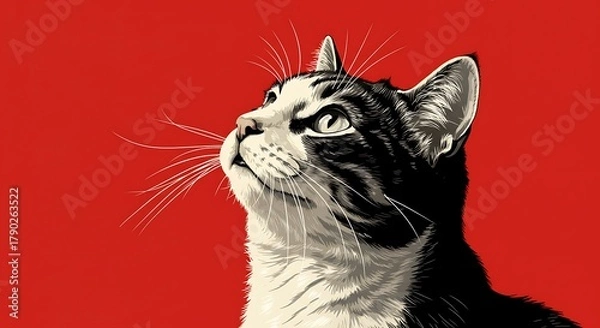 Fototapeta Captivating Black and White Cat with Striking Red Background.