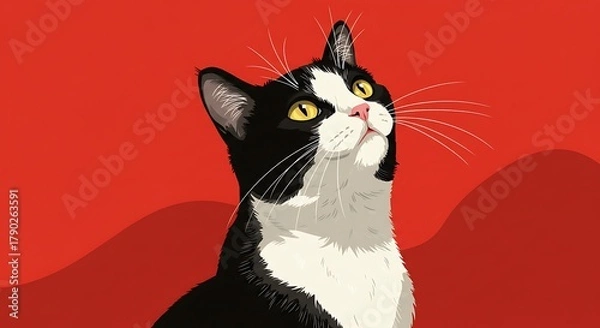 Fototapeta Captivating Tuxedo Cat with Golden Eyes Gazing Upward Against a Vibrant Red Background.