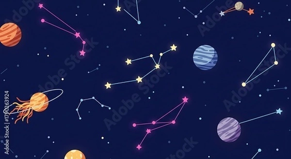 Fototapeta Celestial Symphony - A Vibrant Tapestry of Constellations, Planets, and Stars in the Night Sky.