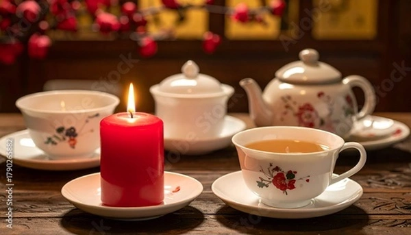 Fototapeta Tranquil tea setting with red candle and floral teapot, surrounded by blooming branches, perfect for relaxation
