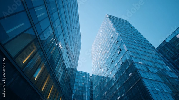 Obraz Low angle view of modern blue glass buildings against a clear blue sky above them