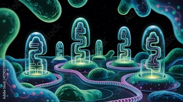 Fototapeta Futuristic bioluminescent microscopic organisms and structures