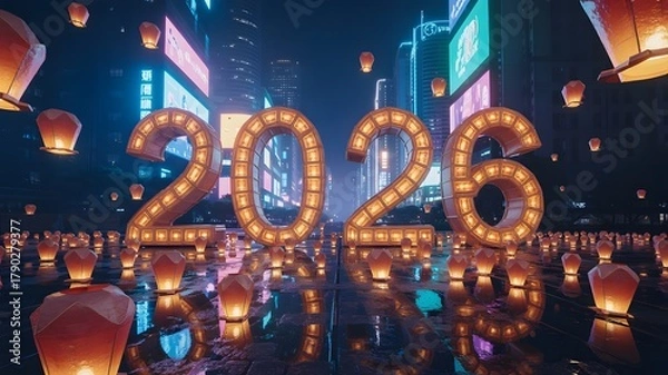 Fototapeta Illuminated 2026 numbers float above a sea of glowing lanterns