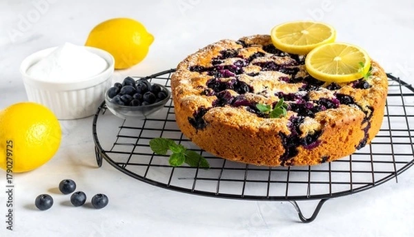 Fototapeta Blueberry cake on a wire rack next to lemons, blueberries, and a bowl of whipped cream, on a white surface
