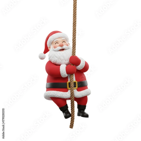 Fototapeta Festive 3D Santa Claus Ascending a Rope with Joyful Expression on Isolated Background