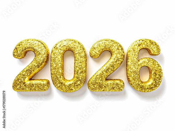 Fototapeta Shiny Gold Glitter Numbers 2026 Isolated on a White Background for New Year Celebration