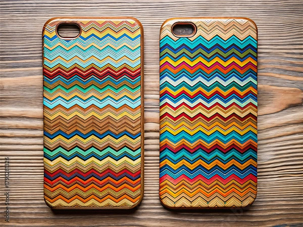 Fototapeta Two Wooden Phone Cases with Colorful Geometric Wave Design