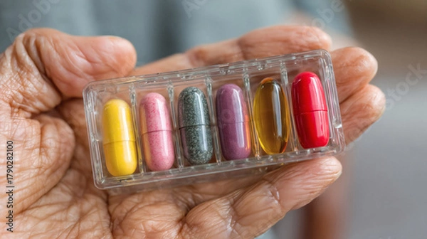 Fototapeta Elderly hand holding colorful daily medication organizer for health and wellness routine aging gracefully