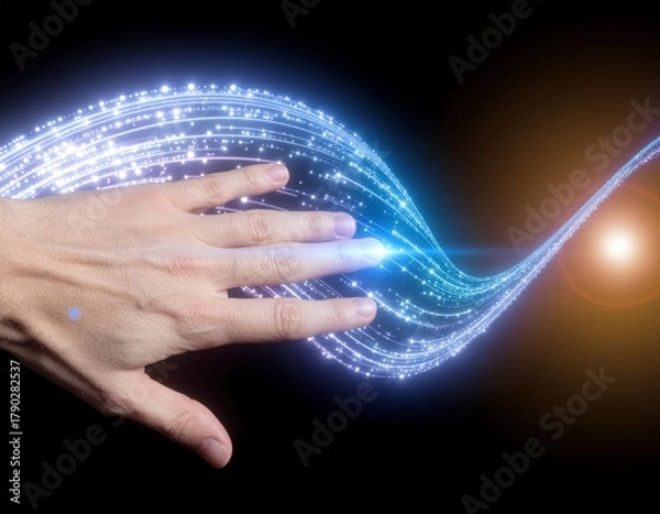 Fototapeta Human Hand Interacting with Abstract Virtual Data Stream