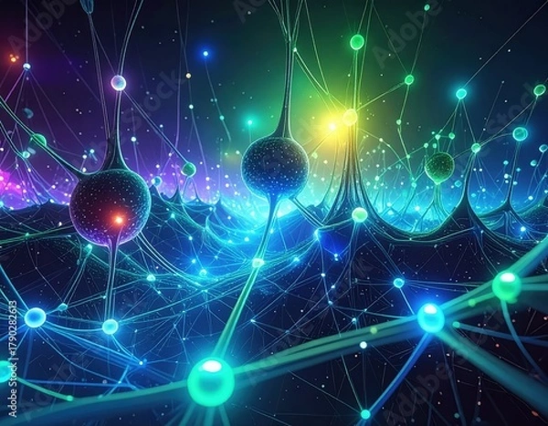 Fototapeta Abstract glowing neural network symbolizing artificial intelligence and machine learning
