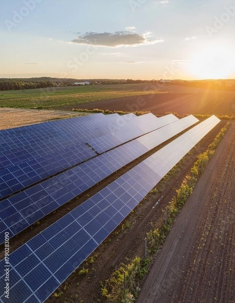 Fototapeta Sunset over Farmland Solar Array, Sustainable Energy