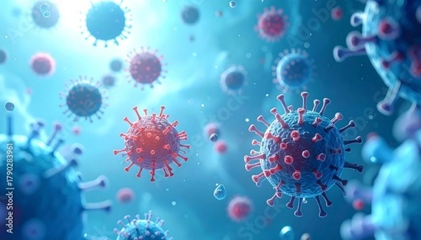 Fototapeta Blue-toned image of coronavirus particles floating against a blurred background, with red spikes and globular shapes