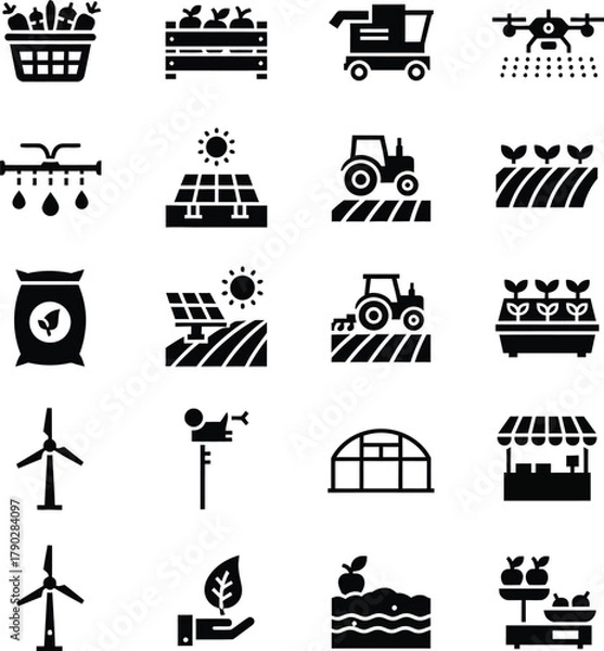 Fototapeta A collection of black and white icons representing various aspects of agriculture, farming, renewable energy, and modern farm technology.
