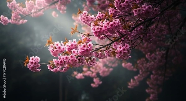 Fototapeta Dramatic Cherry Blossoms in Full Bloom A Symphony of Pink Against a Dark Mystical Backdrop a Captivating Dance of Nature's Beauty