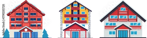 Fototapeta Three colorful houses with distinct architectural styles and designs  