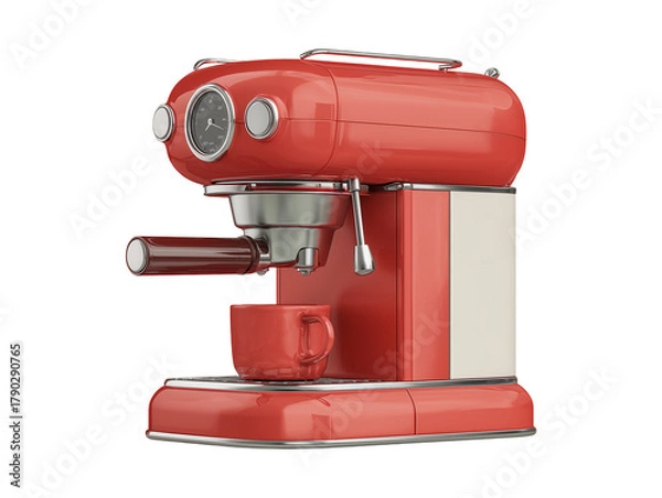 Fototapeta Red retro espresso coffee machine with cup isolated on transparent or white background, png