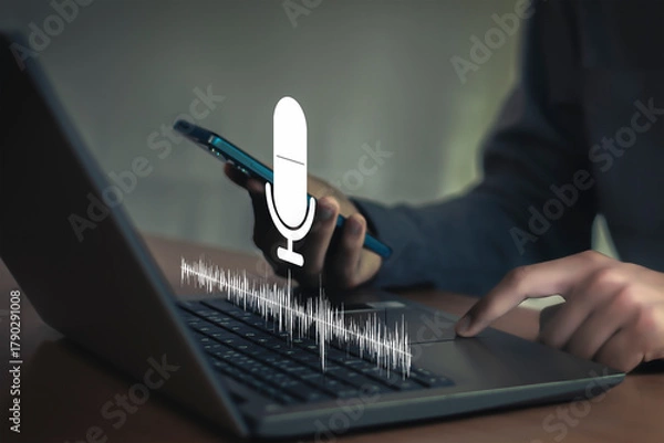 Fototapeta The concept of artificial intelligence, virtual assistants, chat technology, holographic chatbot interfaces, AI, automation, and digital innovation in business.