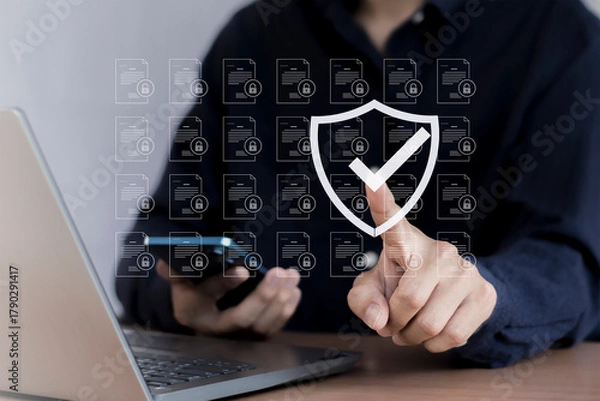 Fototapeta Digital document checklist on screen, productivity concept and business technology, document accuracy management and online survey completion, enterprise business technology.