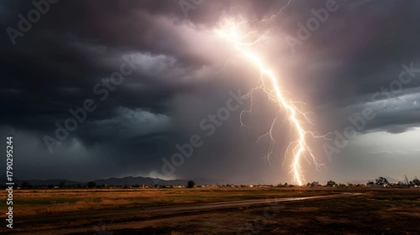 Fototapeta Dramatic Lightning Bolt Striking Down in a Stormy Sky